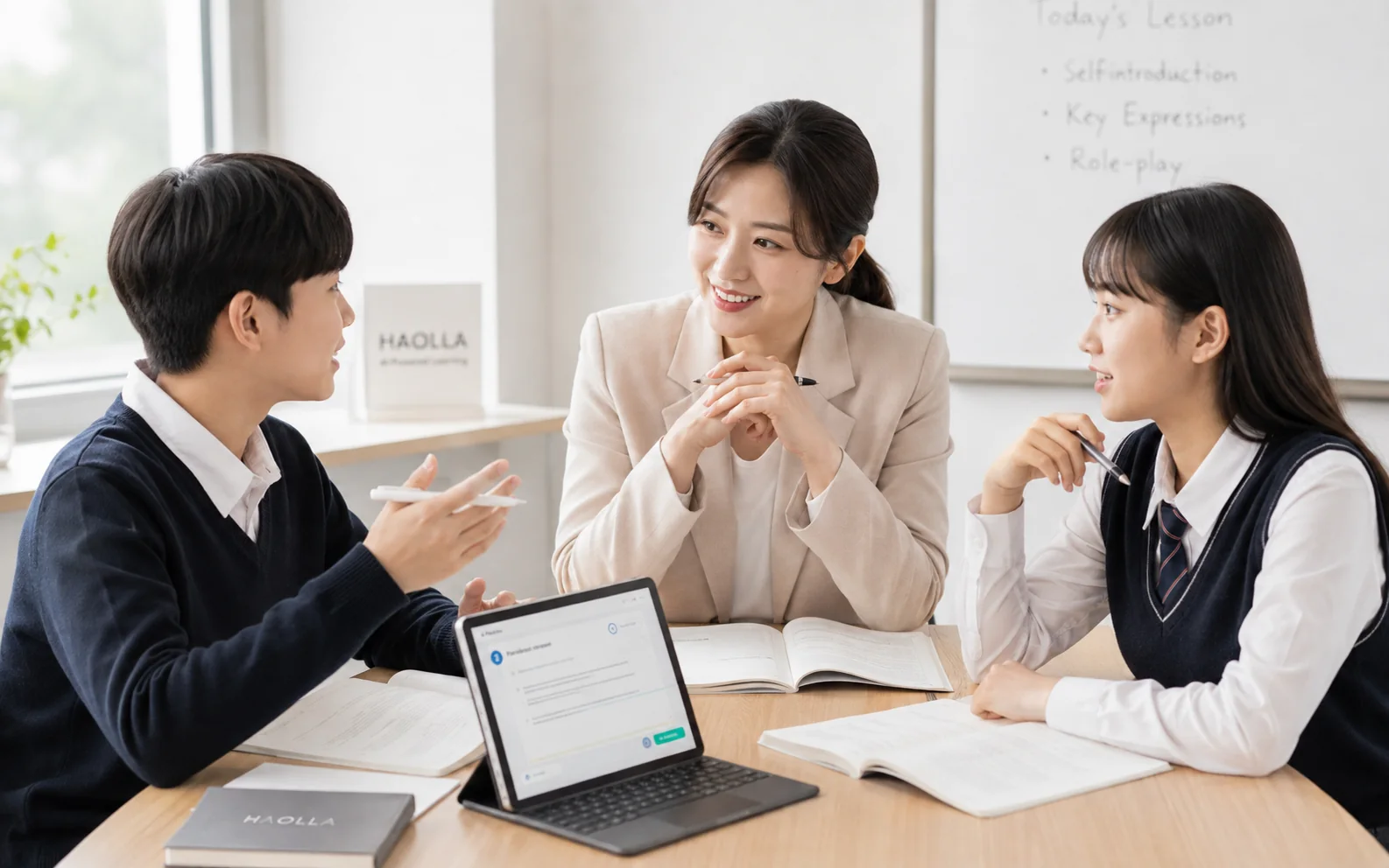 교사와 두 학생이 상호작용하는 2대1 학습 장면
