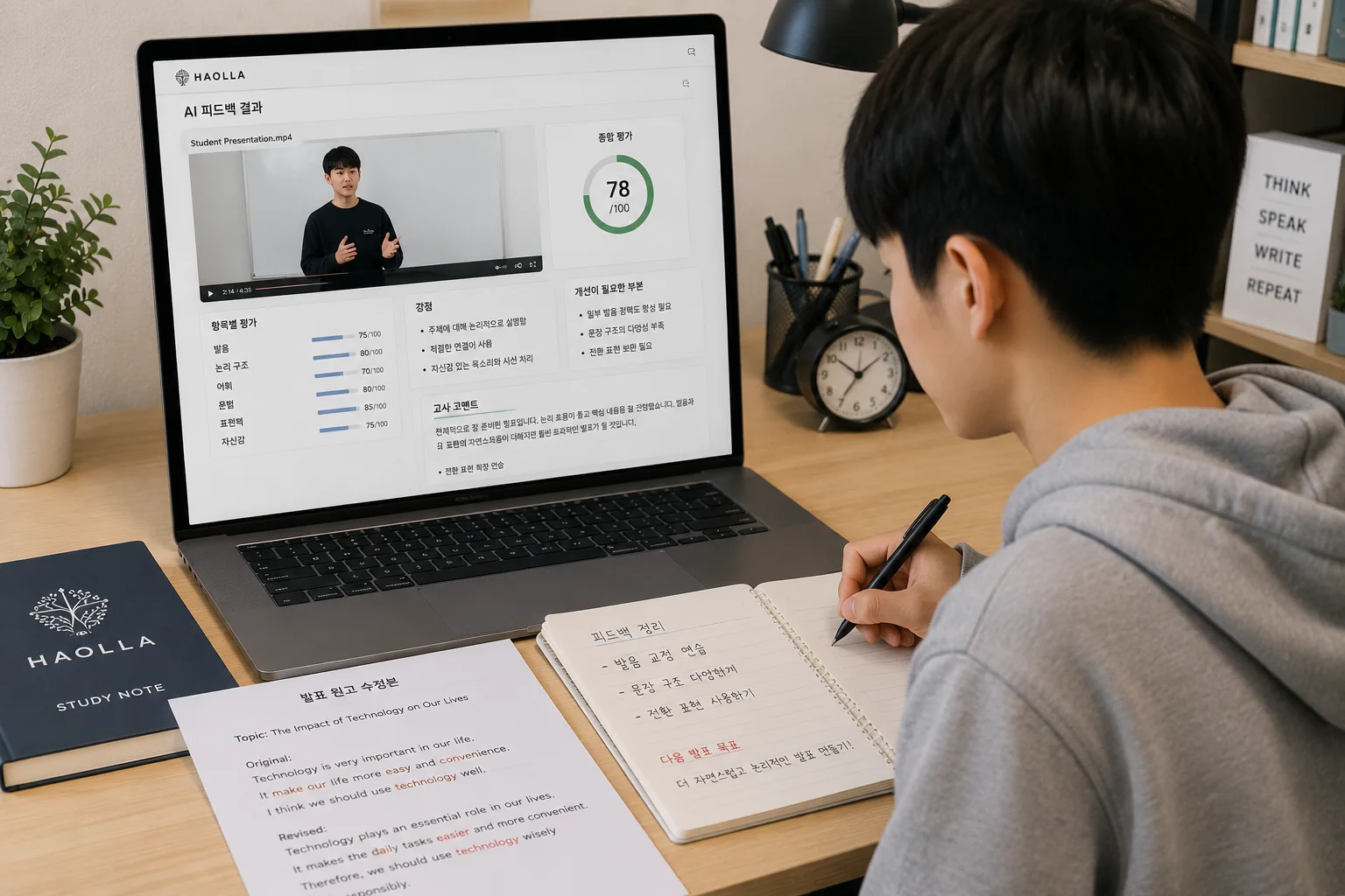 학생이 피드백을 보고 답안을 수정하는 장면